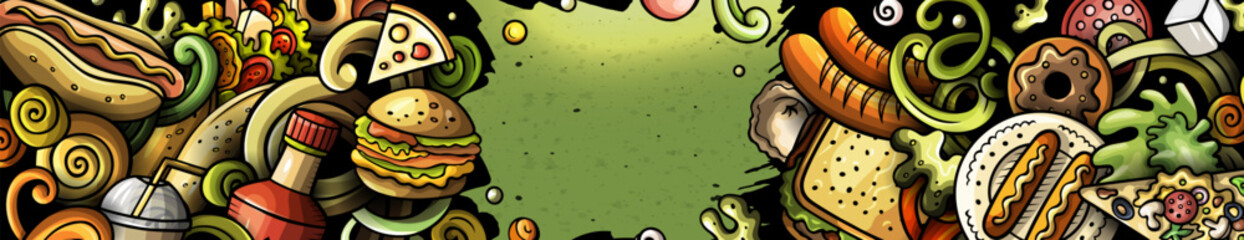 Fastfood hand drawn vector doodles illustration. Fast food banner design.