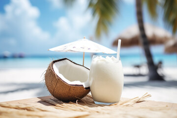 Coconut cocktail on the beach, Tropical Delight: A Captivating Close-Up Photograph of a Coconut Drink on a Towel, Amidst Sun Loungers, Parasols, and the Vibrant Serenity of a Sunny Tropical Beach