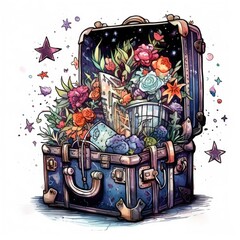 Suitcase and flowers watercolor illustration, clipart, cute abstract art, cool tattoo design, generative ai art, white background