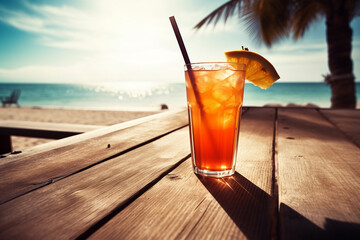 Cocktail on the beach, ropical Refreshment: A Captivating Close-Up Photograph of a Fresh Iced Wet Long Drink with Fruits on a Wooden Table - obrazy, fototapety, plakaty