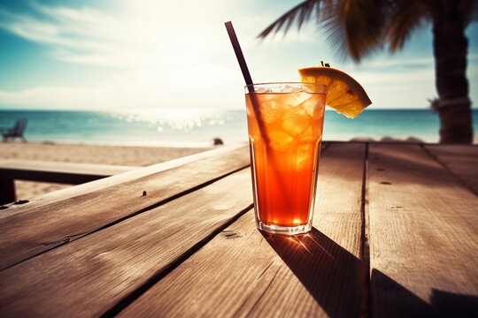 Cocktail on the beach, ropical Refreshment: A Captivating Close-Up Photograph of a Fresh Iced Wet Long Drink with Fruits on a Wooden Table