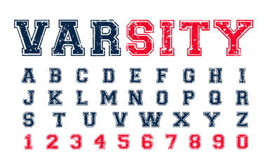 Varsity distressed font, college alphabet, sport font, letters and numbers, png on transparent background. College alphabet, great design for tshirt, banner, invitation.	