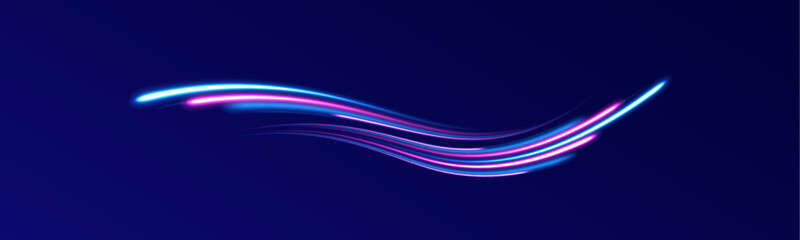 Futuristic dynamic motion technology. Neon color glowing lines background, high-speed light trails effect. Purple glowing wave swirl, impulse cable lines.