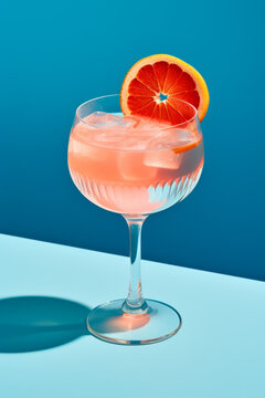 A beautiful high end grapefruit cocktail sitting against a blue background