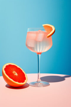 A beautiful high end grapefruit cocktail sitting against a blue background