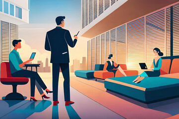 Vibrant illustration: diverse group with futuristic tech gadgets, seamless integration. Exciting and innovative, showcasing limitless possibilities.