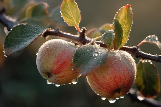 Frsh apples on a tree, Nature's Delicate Splendor: A Captivating Close-Up Photograph of a Dew-Covered Fresh Branch with Apples, Bathed in Soft Morning Light, Unveiling the Intricate Details