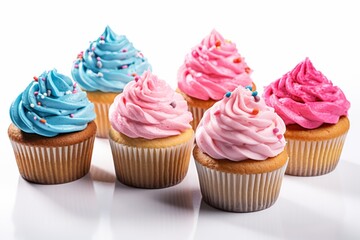 Illustration of a variety of colourful cupcakes with unique frosting designs displayed on a clean white background - created with Generative AI technology