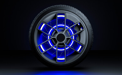 3d rendering Car tires neon light on black background.