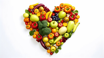 Naklejka na ściany i meble Fruits, vegetables, healthy and organic food forming a heart on a white background. Nutrition, healthy food and well-being. Generative ai.