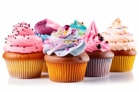 Illustration of a variety of colourful cupcakes with unique frosting designs displayed on a clean white background - created with Generative AI technology