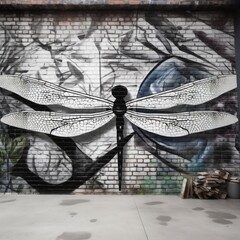 Street Art Dragonfly Mural - Brick Wall Setting Backdrop created with generative ai technology