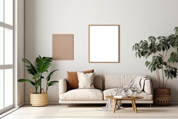 Obraz na płótnie Canvas Blank picture frame mockup on gray wall. White living room design. generative AI