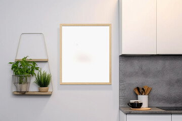Blank picture frame mockup on gray wall. White living room design. generative AI