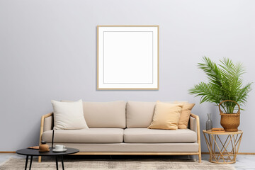 Blank picture frame mockup on gray wall. White living room design. generative AI