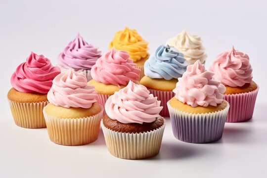 Illustration of a variety of colourful cupcakes with unique frosting designs displayed on a clean white background - created with Generative AI technology