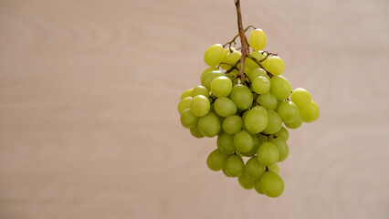 Grapes on a black background. Ripe juicy grapes rotate on a plate. Close-up of a bunch of white grapes. A fresh bunch of juicy grapes rotates on a black background. Grapes close-up rotates.