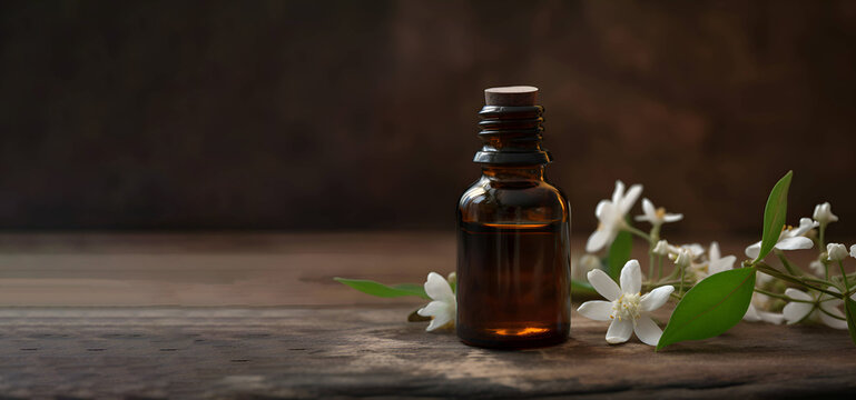 Neroli essential oil with flowers on a wooden background, banner, Generative AI