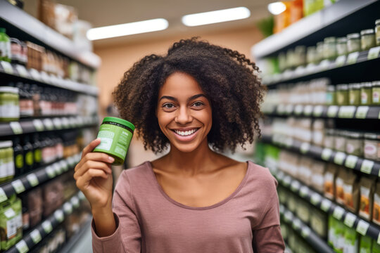 Cheerful black woman with food product in supermarket. Created with AI.