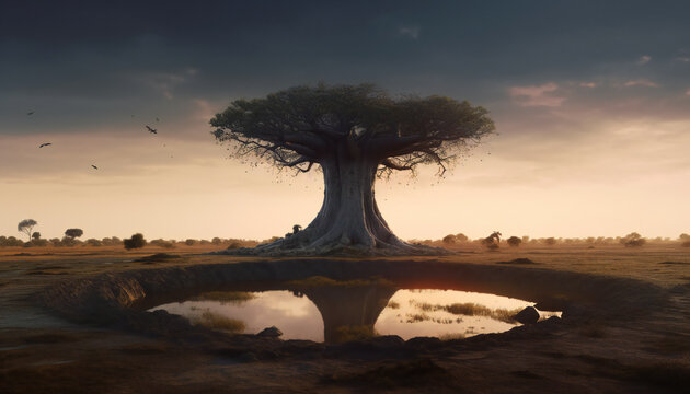 Artistic recreation of big baobab tree together a pond at sunset. illustration AI