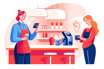 Illustration. A female bartender or waiter takes an order for coffee. He communicates happily and with a smile. Payment by phone via NFC terminal, contactless mobile payment.