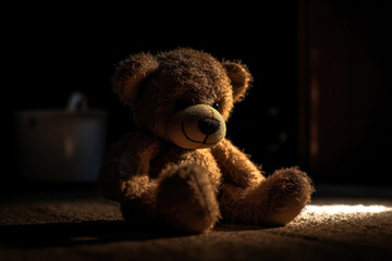 Forgotten teddy bear sitting in the dark abandoned room. Lonely concept.
