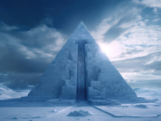 Great mysterious futuristic pyramid in Antarctica in digital art style. Mystical and fantastic ice pyramid. Fantasy alien city architecture. Realistic 3D illustration. Generative AI - obrazy, fototapety, plakaty