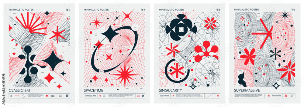 Fototapete futuristic retro vector color minimalistic posters with 3d strange wireframes form graphic of geomet