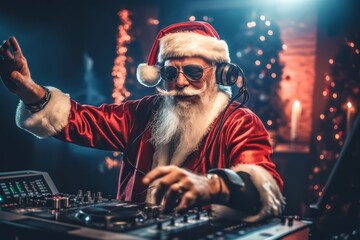 A lively Christmas party featuring Santa Claus as the DJ in a festive outfit, mixing tracks on a DJ mixer. The party is filled with energy and holiday cheer. Generative AI - obrazy, fototapety, plakaty