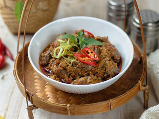 Tumis Daging Sapi Mercon or Stir fry or saute of beef with onion, red cayenne pepper and other herb...
