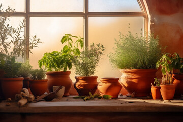 Pot plants on a window sill with the soft summer sun behind them