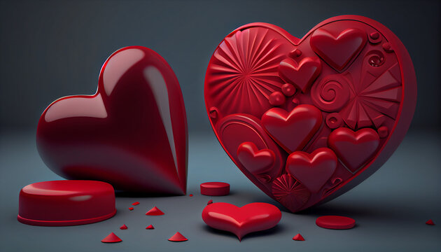 Valentine concept set 3d red heart object Ai generated image