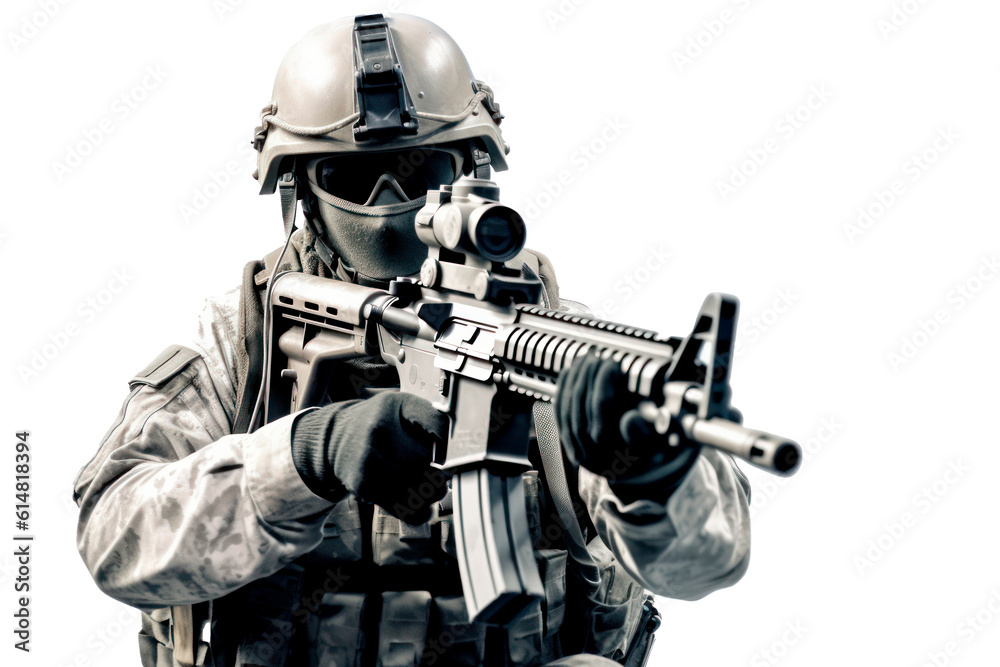 Wall mural a american military army special force soldier with camouflage helmet and a rifle gun in his hands shootoing shots. isolated without background. transparent png. Generative AI