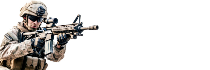 Fototapeta premium a american military army special force soldier with camouflage helmet and a rifle gun in hands shootoing shots. isolated on white wide background. blank space poster banners and text. Generative AI