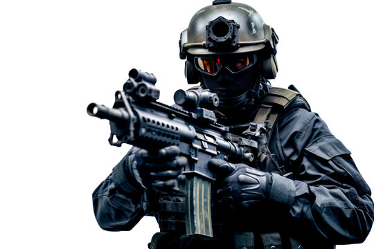 a american military army special force soldier with camouflage helmet and a rifle gun in his hands shootoing shots. isolated without background. transparent png. Generative AI