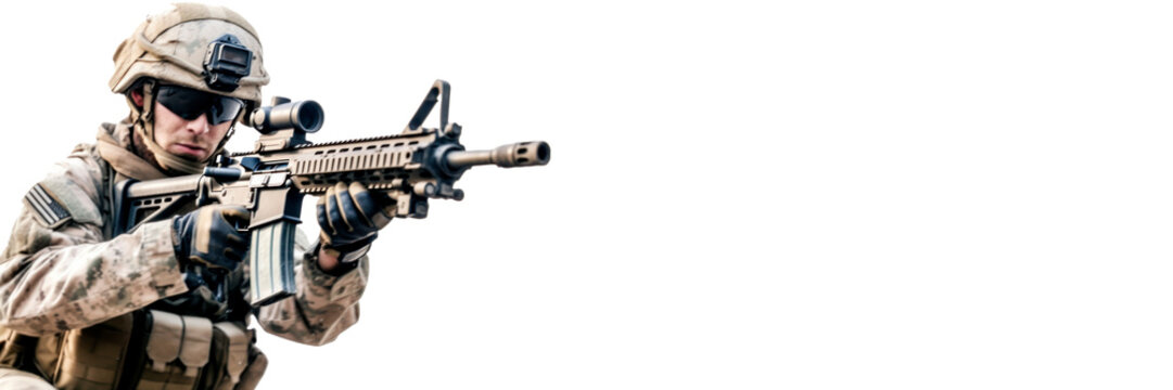 a american military army special force soldier with camouflage helmet and a rifle gun in hands shootoing shots. isolated on white wide background. blank space poster banners and text. Generative AI
