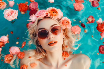 portrait of beauty girl floating in pool surrounded flowers. beauty summer concept. resort concept. generative AI