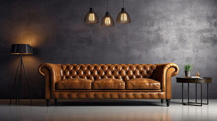 Loft Interior with leather sofa. Generative AI