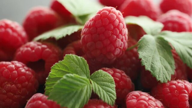 Fresh red raspberries with leaves, rotating