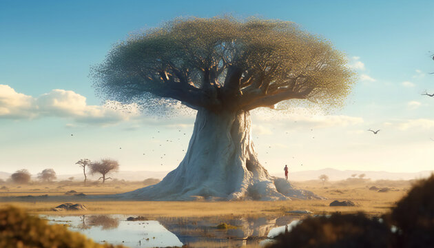 Artistic recreation of big baobab tree a sunny day. illustration AI