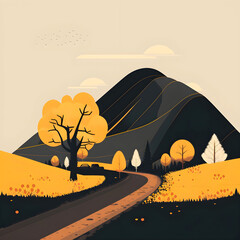 The empty road leading to the mountain, landscape illustration