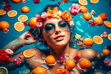 Beautiful Girl Floating On Water With Fresh Tropical Fruits. Resort, spa concept. Generative AI. 