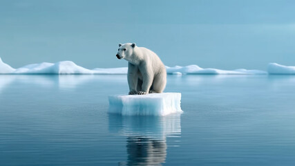 Naklejka na ściany i meble Polar bear sits on small ice floe, melting ocean. Global warming. Generative AI
