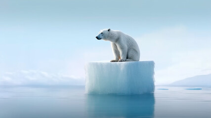 Fototapeta na wymiar Polar bear sits on small ice floe, melting ocean. Global warming. Generative AI
