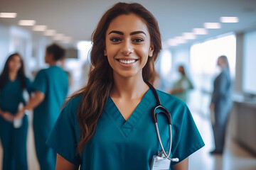 Smiling woman in medical uniform standing in hospital corridor. Created with AI.