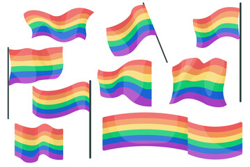 Pride month, illustrations with LGBT flag, set of developing flags of different shapes, clip art, vector 