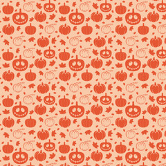 Seamless Halloween pattern , cheerful pumpkins , bone , cute scary ghost , eyes with a smile , autumn leaves , decorative holiday pattern 