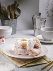 Delicious donuts with powdered sugar served in plate. Selective focus