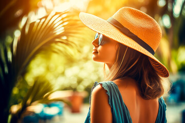 portrait of young woman in summer resort, travel concept. Young woman in hat traveler enjoying summer vacations. generative AI