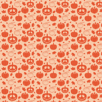 Seamless Halloween pattern , cheerful pumpkins , bone , cute scary ghost , eyes with a smile , autumn leaves , decorative holiday pattern 